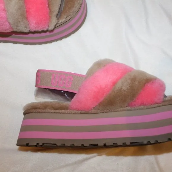 NIB UGG WOMEN'S DISCO WEDGE‎ SHEARLING SLIPPER SANDALS CHESTNUT PINK
