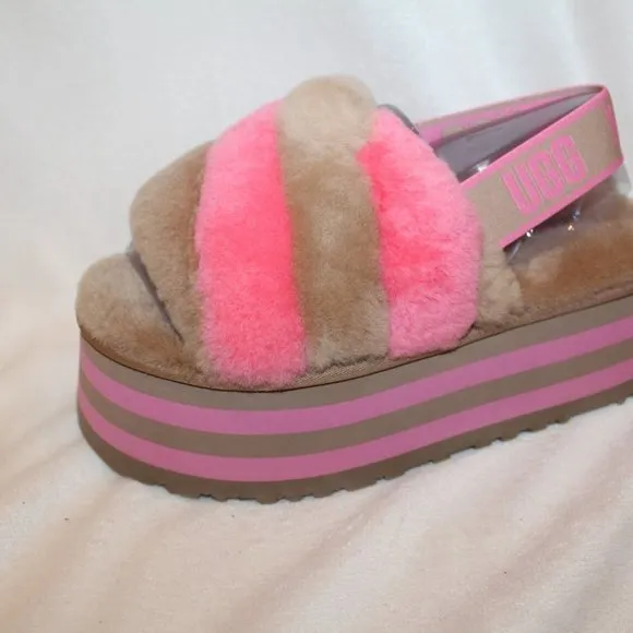 NIB UGG WOMEN'S DISCO WEDGE‎ SHEARLING SLIPPER SANDALS CHESTNUT PINK