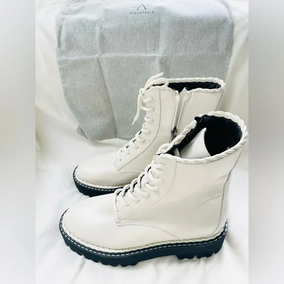 NIB wmns Aquatalia Sadie off white leather platform combat boots size 8
