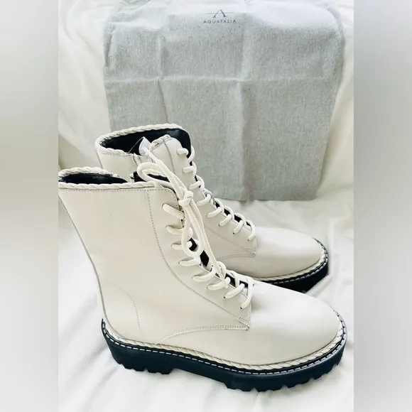 NIB wmns Aquatalia Sadie off white leather platform combat boots size 8