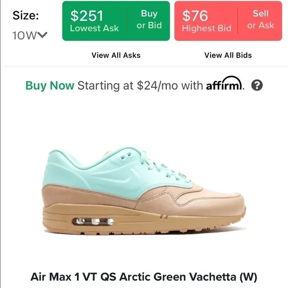 Nike Air Max 1 VT QS Arctic Green Vachetta Size 10