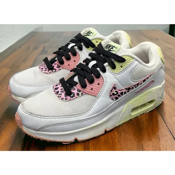 Nike Air Max 90 Pink Barely Rare Volt Leopard Shoes Girls Size 5Y EUC Fast Ship