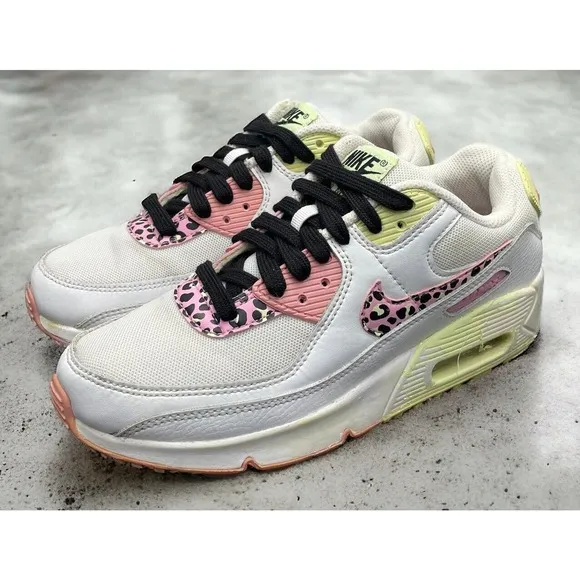 Nike Air Max 90 Pink Barely Rare Volt Leopard Shoes Girls Size 5Y EUC Fast Ship