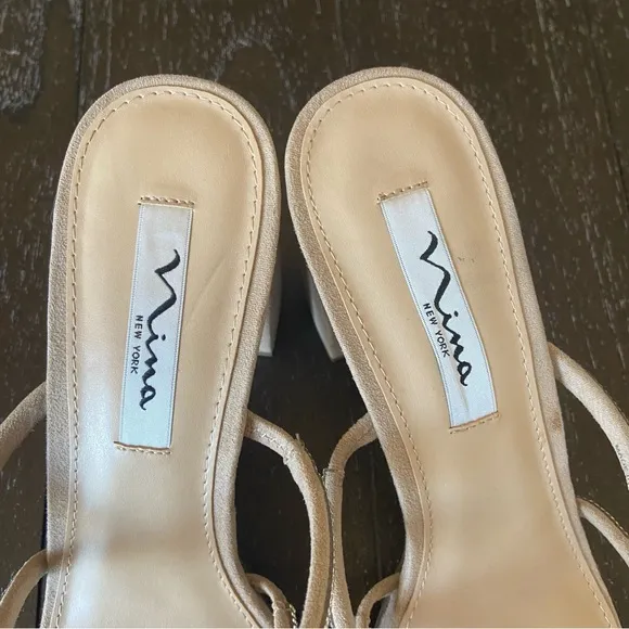 Nina Shoes Queeny Beige‎ Nude Rhinestone Sandals Wedding Size 10M Block Heel