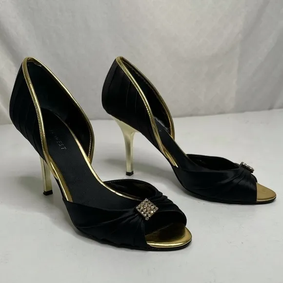 NINE West Black Satin / Gold with CZ’s Stiletto 7