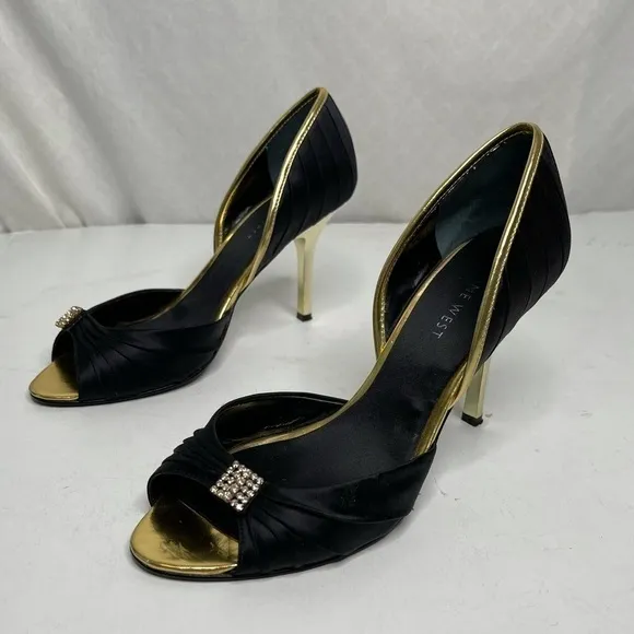 NINE West Black Satin / Gold with CZ’s Stiletto 7