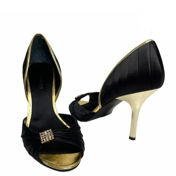 NINE West Black Satin / Gold with CZ’s Stiletto 7