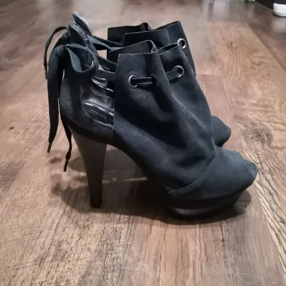 Nine West Leather Platform Ankle Open Toe Boots/Sandals Glitter Black Size 7M