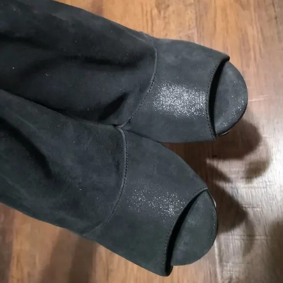 Nine West Leather Platform Ankle Open Toe Boots/Sandals Glitter Black Size 7M