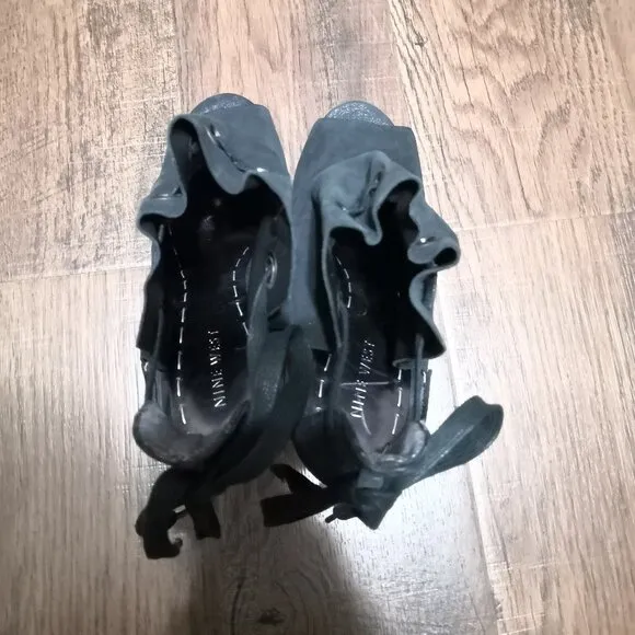 Nine West Leather Platform Ankle Open Toe Boots/Sandals Glitter Black Size 7M