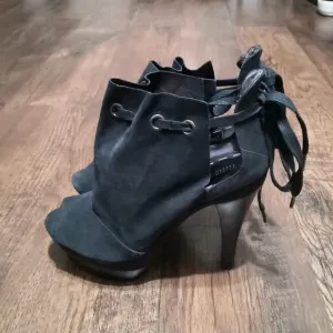 Nine West Leather Platform Ankle Open Toe Boots/Sandals Glitter Black Size 7M