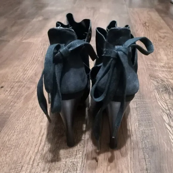 Nine West Leather Platform Ankle Open Toe Boots/Sandals Glitter Black Size 7M