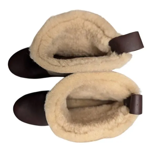 No. 6 Store Brown Leather Tan Shearling Pull On Mid Heel Clog Boots 36 5.5