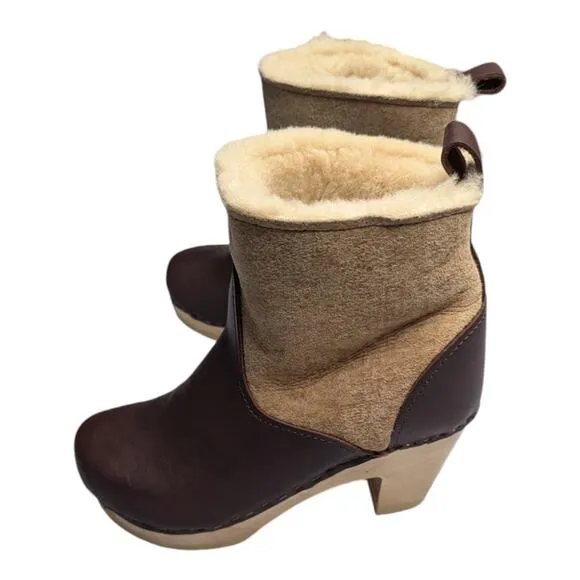 No. 6 Store Brown Leather Tan Shearling Pull On Mid Heel Clog Boots 36 5.5
