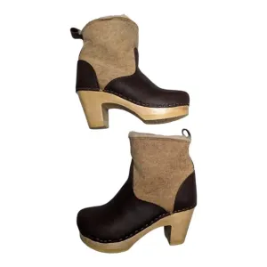 No. 6 Store Brown Leather Tan Shearling Pull On Mid Heel Clog Boots 36 5.5