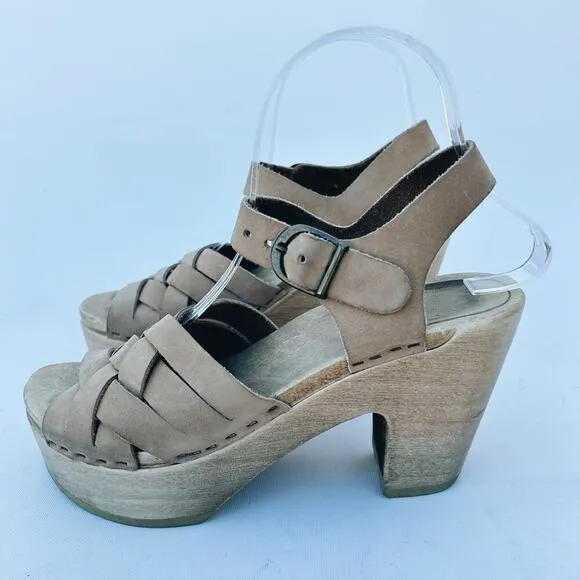 No. 6 Woven Leather Wooden Clogs Heels Sandal Beige 7 Tan Natural 37 Ankle Strap