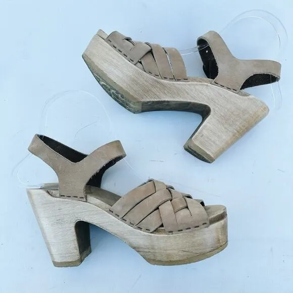 No. 6 Woven Leather Wooden Clogs Heels Sandal Beige 7 Tan Natural 37 Ankle Strap