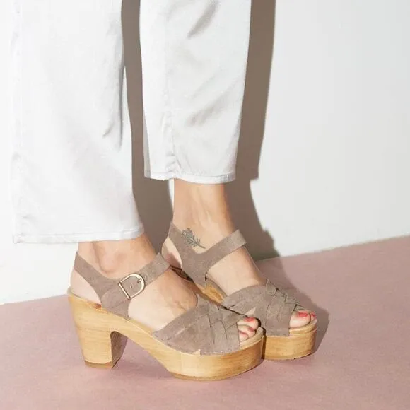 No. 6 Woven Leather Wooden Clogs Heels Sandal Beige 7 Tan Natural 37 Ankle Strap
