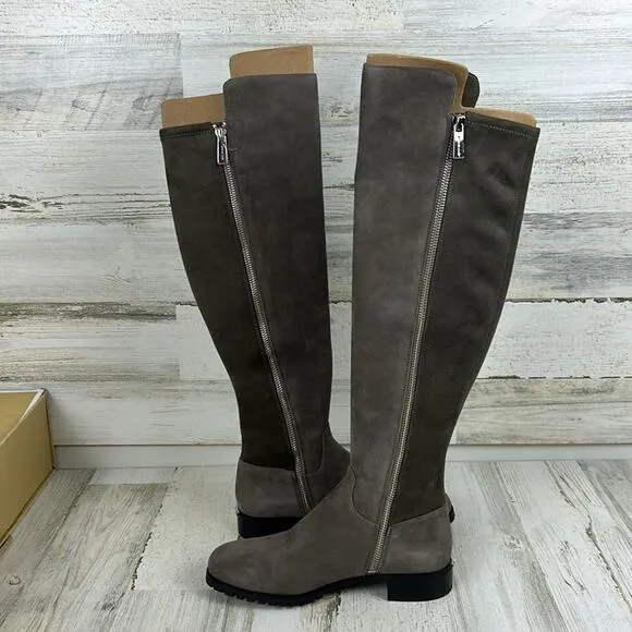 NWB Michael Kors womens size 5 1/2M gray suede/fabric log heel calf boots