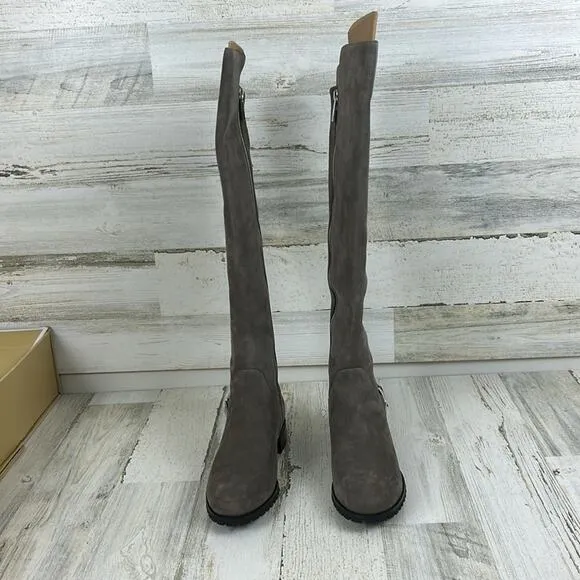 NWB Michael Kors womens size 5 1/2M gray suede/fabric log heel calf boots