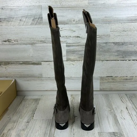 NWB Michael Kors womens size 5 1/2M gray suede/fabric log heel calf boots