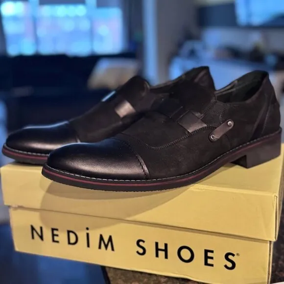 NWB! NEDIM SHOES Men Suede Leather Black Dress Shoes - Size 10.5