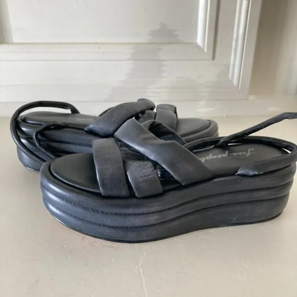 NWF Free People Harper Black Leather Flatform Platform Sandals Sz 39.5
