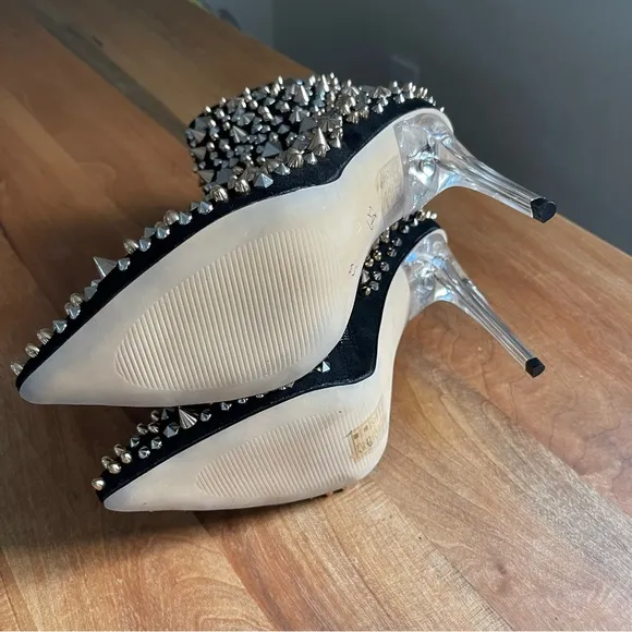 NWOB Azalea Wang Silver Gold Black Stud Clear 5&quot; Stiletto Heel Ankle Boots 8