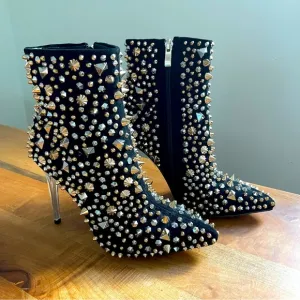 NWOB Azalea Wang Silver Gold Black Stud Clear 5&quot; Stiletto Heel Ankle Boots 8
