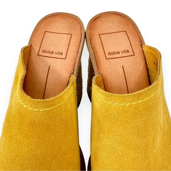 NWOB Dolce Vita Alycia Mustard Yellow Espadrille Block Heel Suede Sandals sz 6M