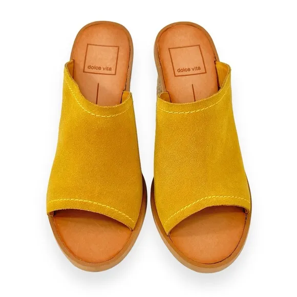 NWOB Dolce Vita Alycia Mustard Yellow Espadrille Block Heel Suede Sandals sz 6M