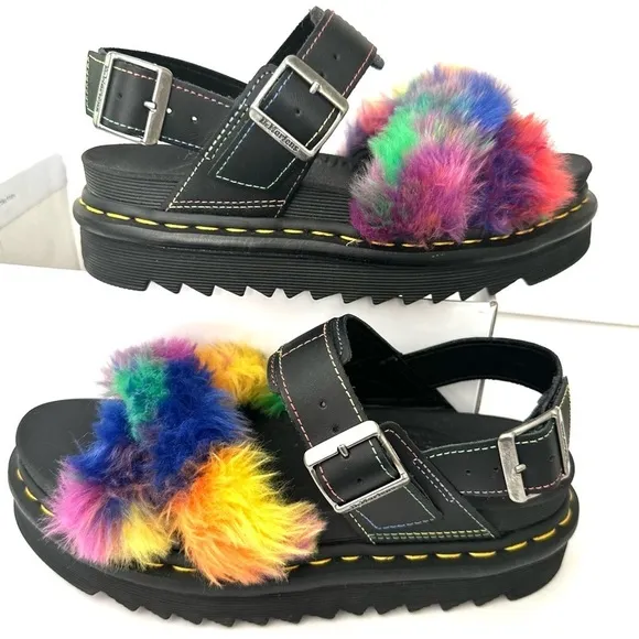 NWOB Dr. Marten Voss II Fluffy rainbow Pride faux fur sandals 7/38