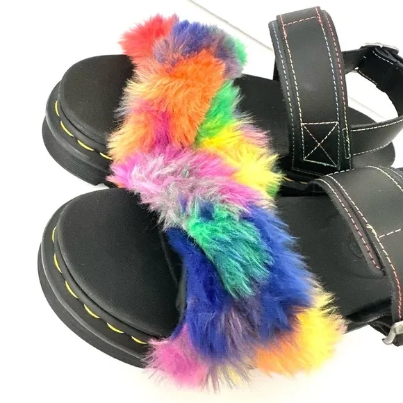 NWOB Dr. Marten Voss II Fluffy rainbow Pride faux fur sandals 7/38