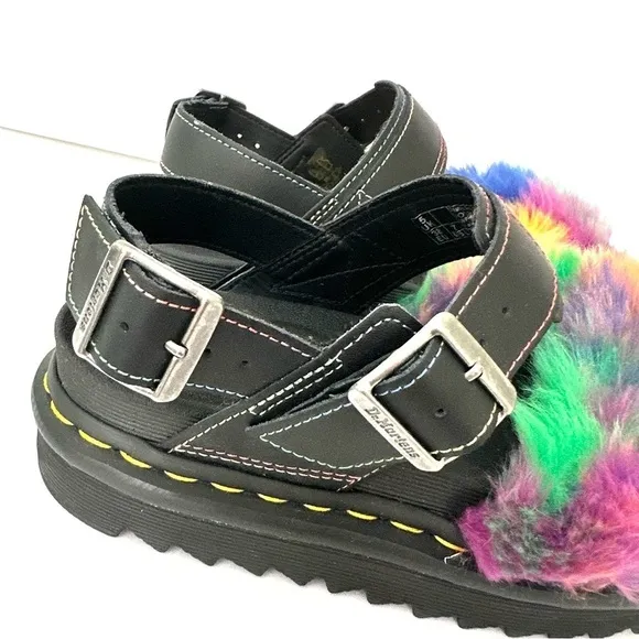 NWOB Dr. Marten Voss II Fluffy rainbow Pride faux fur sandals 7/38