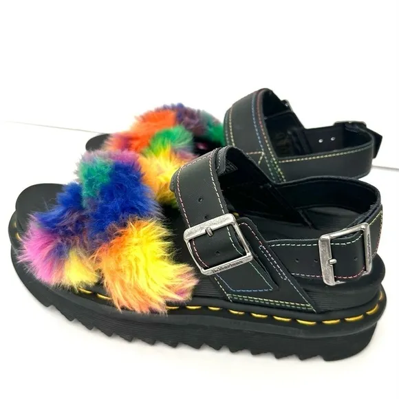 NWOB Dr. Marten Voss II Fluffy rainbow Pride faux fur sandals 7/38