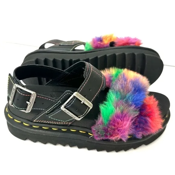 NWOB Dr. Marten Voss II Fluffy rainbow Pride faux fur sandals 7/38