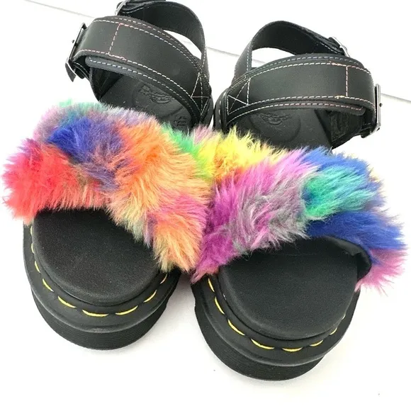 NWOB Dr. Marten Voss II Fluffy rainbow Pride faux fur sandals 7/38