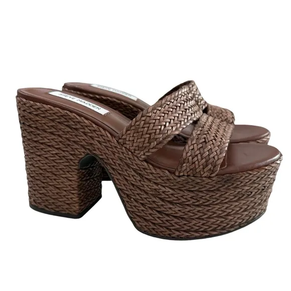 NWOB Steve Madden Gianni Raffia Brown Slide Platform Sandals Size 8.5M