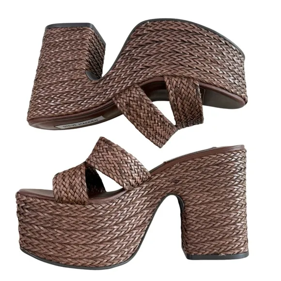 NWOB Steve Madden Gianni Raffia Brown Slide Platform Sandals Size 8.5M