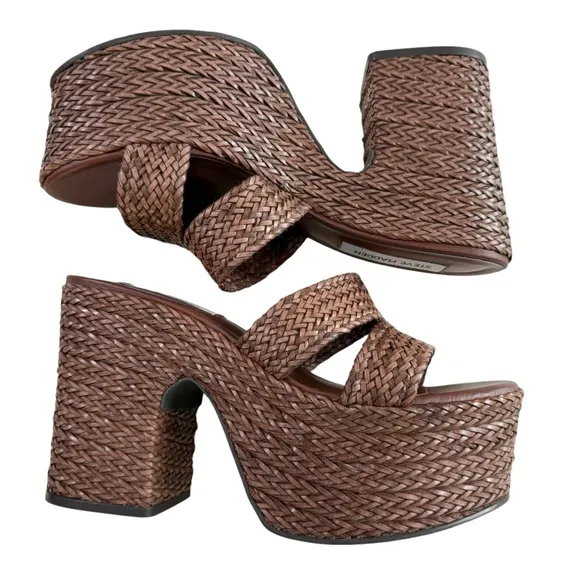 NWOB Steve Madden Gianni Raffia Brown Slide Platform Sandals Size 8.5M