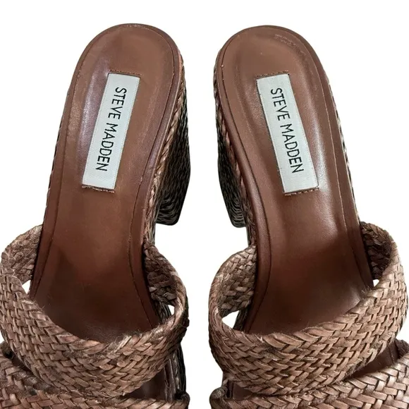 NWOB Steve Madden Gianni Raffia Brown Slide Platform Sandals Size 8.5M