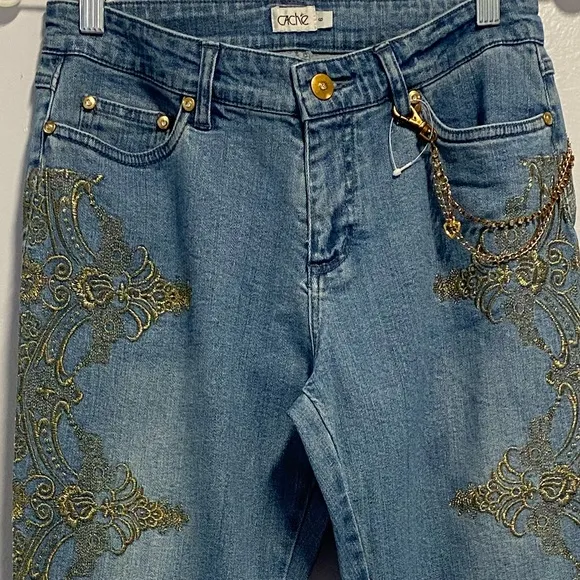 NWOT Cache Vintage Y2K Silver Embroidered Low Rise Jeans Size 6.
