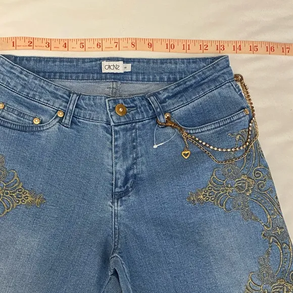 NWOT Cache Vintage Y2K Silver Embroidered Low Rise Jeans Size 6.