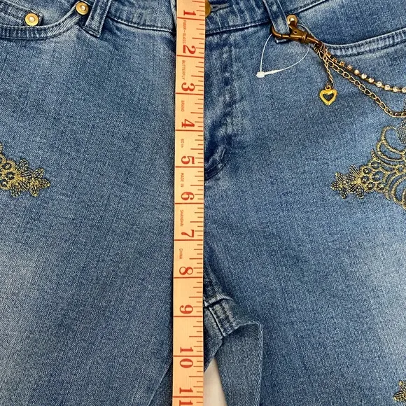 NWOT Cache Vintage Y2K Silver Embroidered Low Rise Jeans Size 6.
