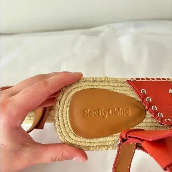 NWOT SEE BY CHLOÉ Yuna Rust Red Orange Espadrille Ankle Leather Sandals Size 8