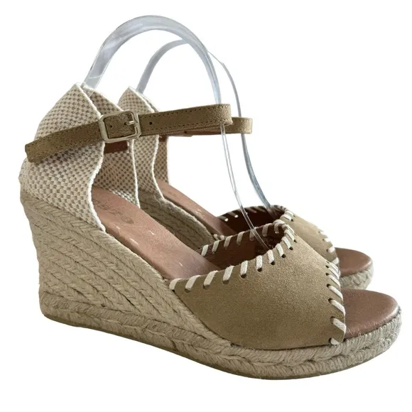 NWOT Sesto Meucci Nonie Tan Suede Whipstitch Espadrille Wedge Sandals Size 10