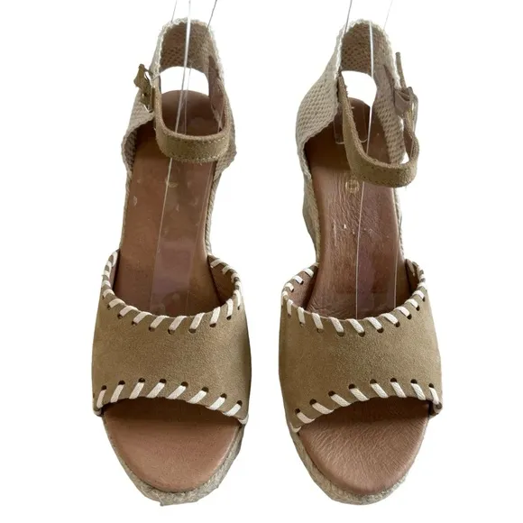 NWOT Sesto Meucci Nonie Tan Suede Whipstitch Espadrille Wedge Sandals Size 10