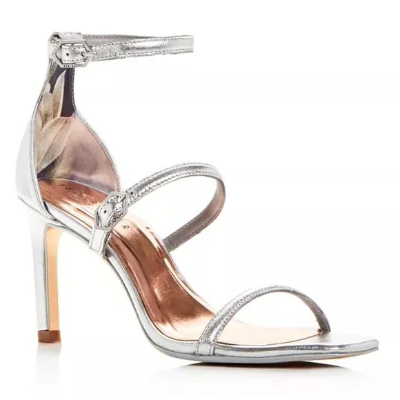 NWOT Ted Baker Triam Silver Leather Strappy Stiletto Sandals Size EU 38.5 = US 8
