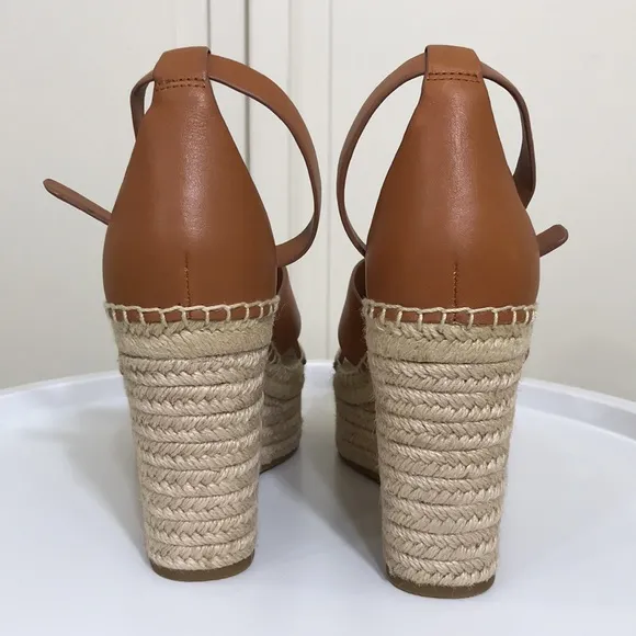 NWOT Tory Burch Brown Selby Ambra Leather Wedge Espadrille Sandals Size 10M