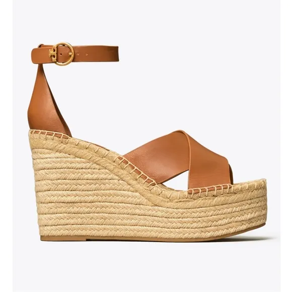 NWOT Tory Burch Brown Selby Ambra Leather Wedge Espadrille Sandals Size 10M